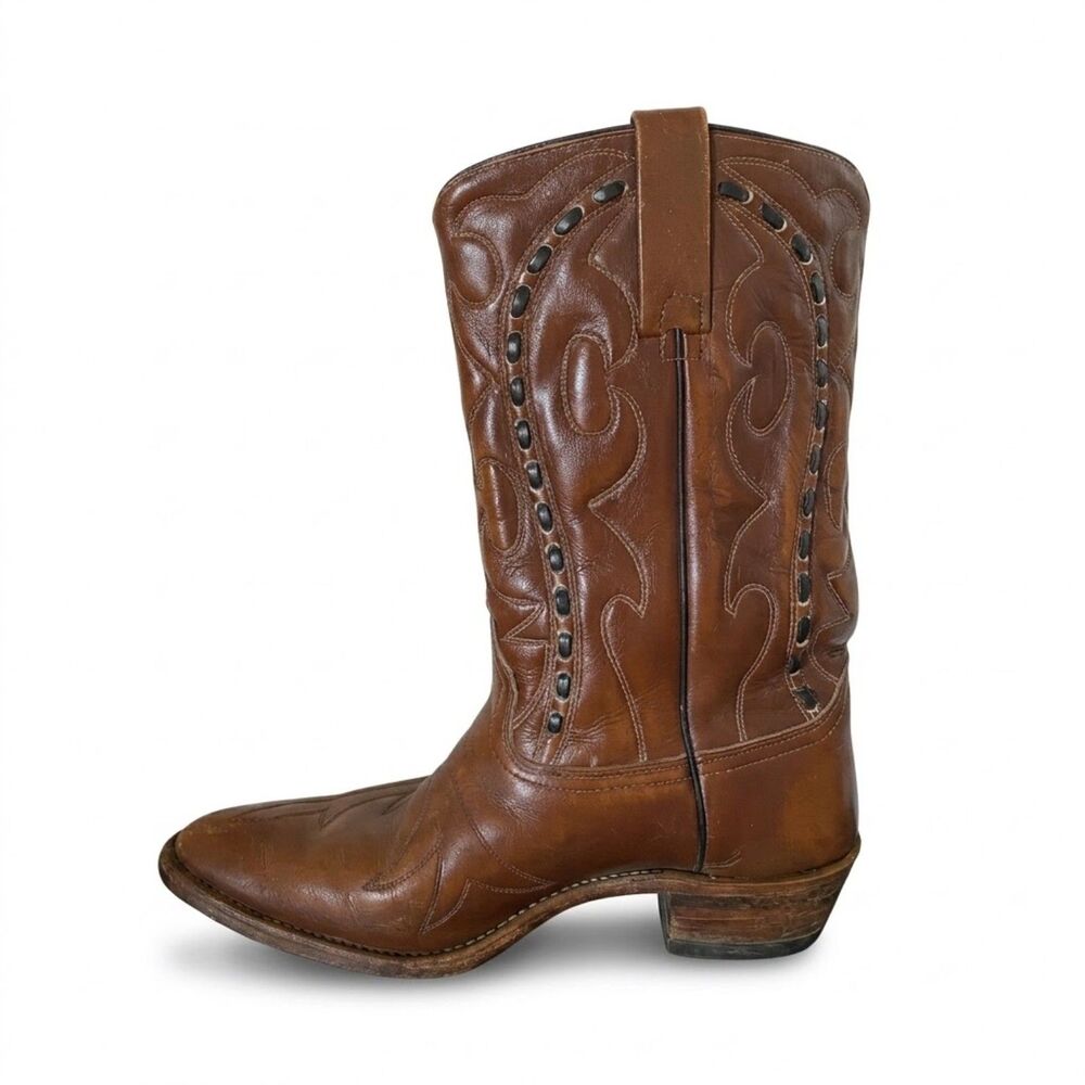 Vintage Durango West Brown Leather Cowboy Boots Mens 8 D 1970s Whipstitch Wester